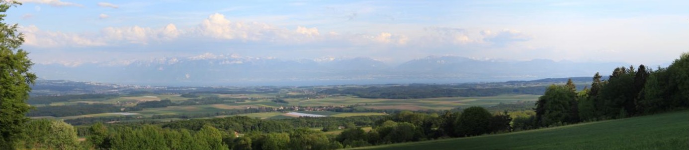 Panorama sur la vallée de Gruyères au loin les alpes